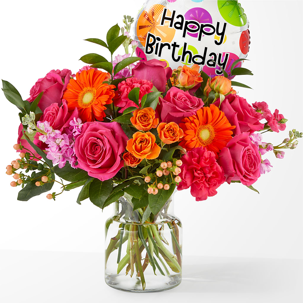 Fiesta Bouquet with Birthday Balloon – Netcong Village Florist, Netcong NJ