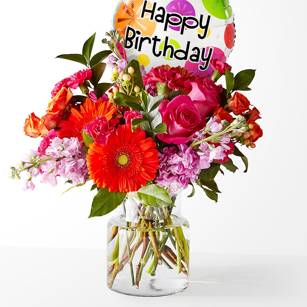 Fiesta Bouquet with Birthday Balloon – Netcong Village Florist, Netcong NJ