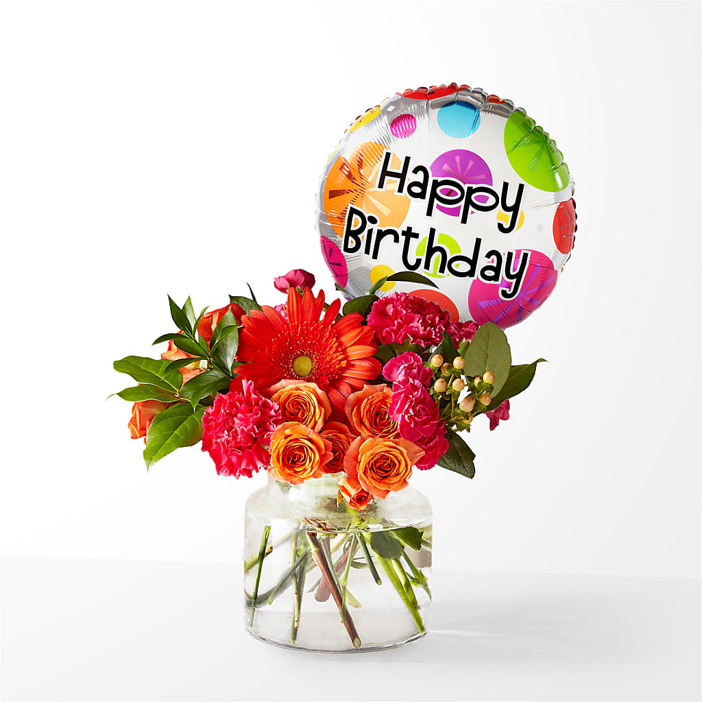 Fiesta Bouquet with Birthday Balloon – Netcong Village Florist, Netcong NJ