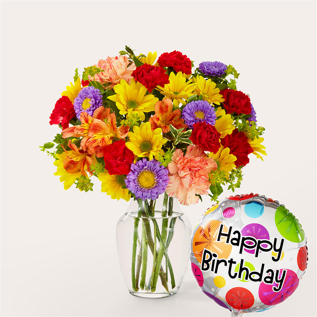 Kaleidoscope Bouquet with Birthday Balloon – Netcong Village Florist, Netcong NJ