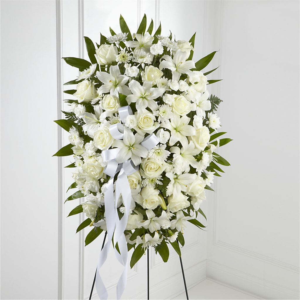 Exquisite Tribute Standing Spray-White Ribbon – Netcong Village Florist, Netcong NJ