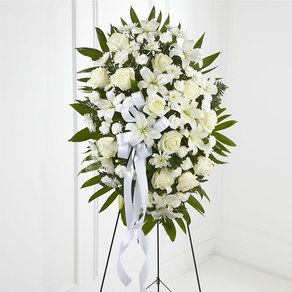 Exquisite Tribute Standing Spray-White Ribbon – Netcong Village Florist, Netcong NJ